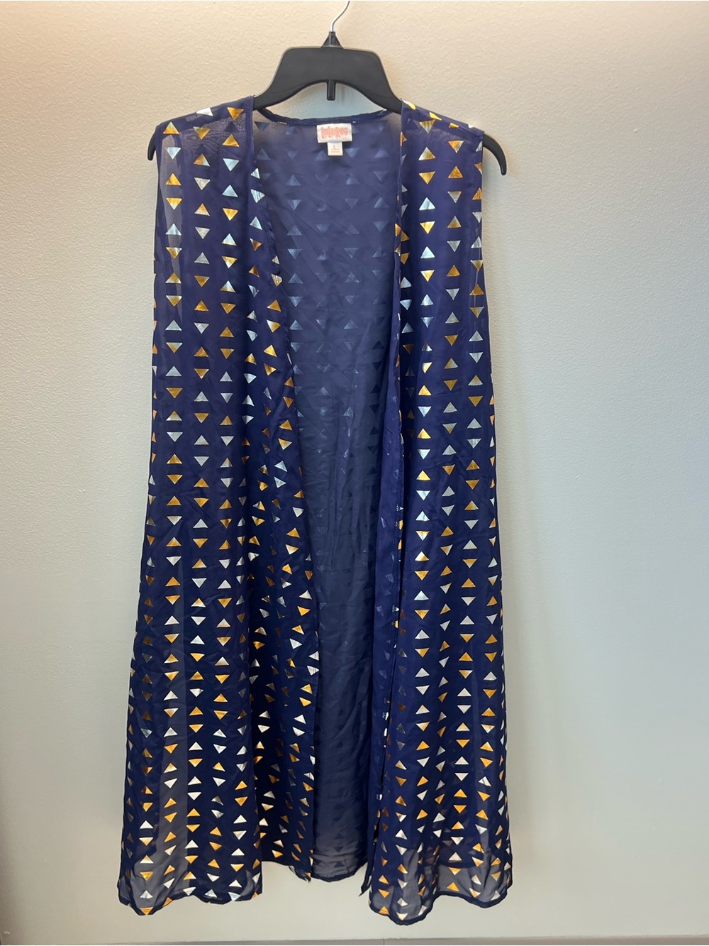 LuLaRoe Size Large, Joy, Sheer Duster Vest  with  metallic triangles, navy, NWT